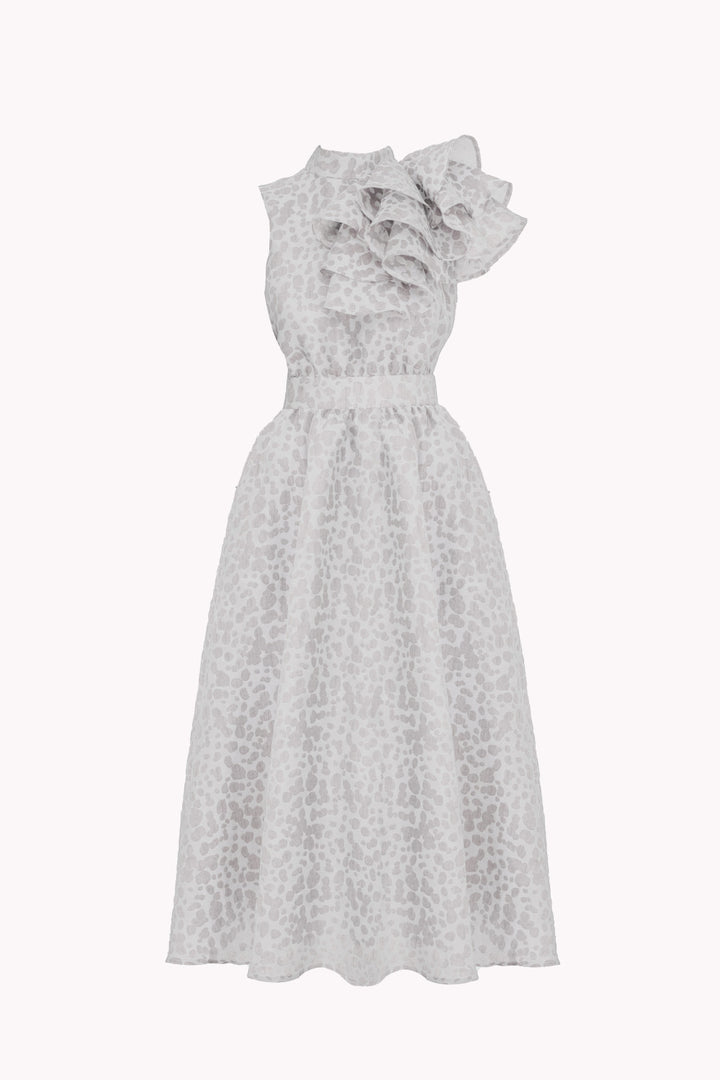 DRESS WITH CASCADING RUFFLE ON THE SHOULDER