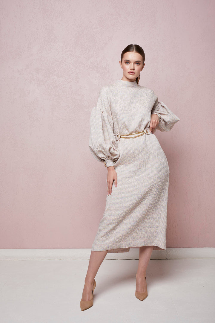 OFF-THE-SHOULDER MIDI DRESS WITH PUFF SLEEVES