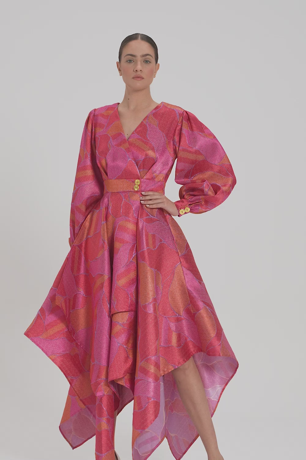 PATTERNED ASYMMETRICAL DRESS WITH LONG SLEEVES
