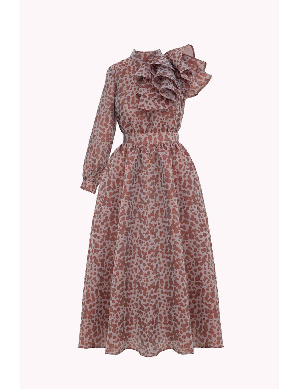 ONE-SLEEVE DRESS WITH A CASCADING RUFFLE ON THE SHOULDER